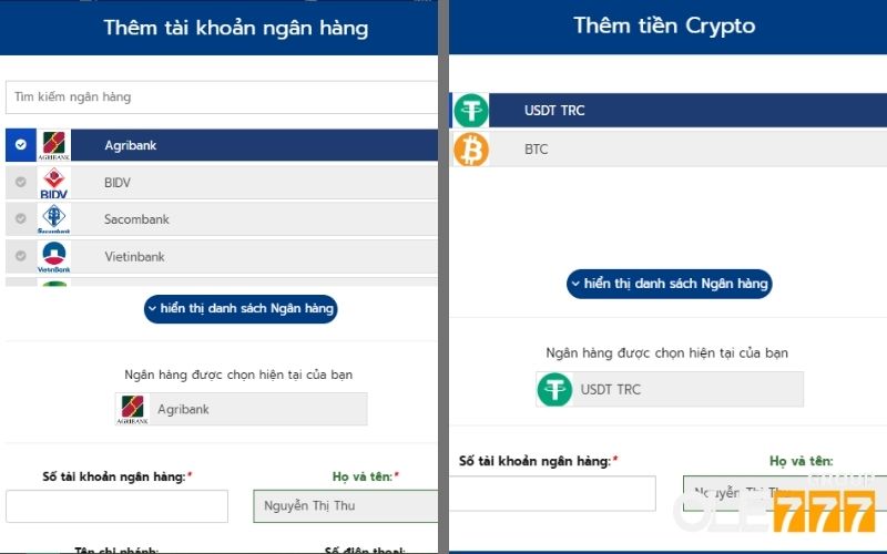 Bạn điền thông tin tài khoản ngân hàng và thông tin tài khoản tiền Crypto