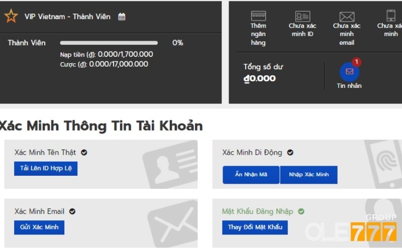 Xác minh 4 thông tin có trong tài khoản tại nhà cái OLE777