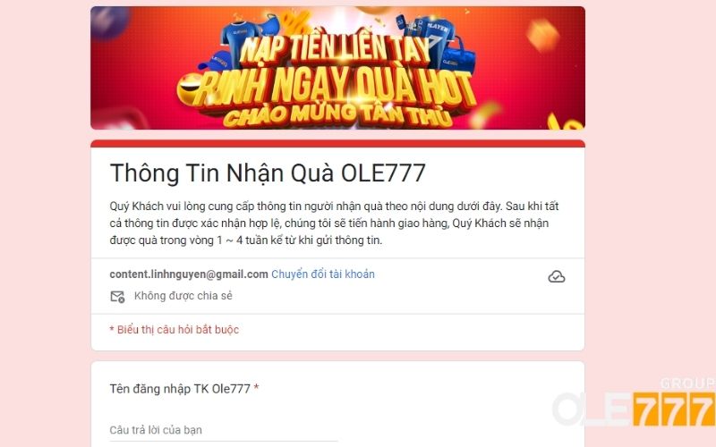 Biểu mẫu thông tin nhận quà tặng của OLE777