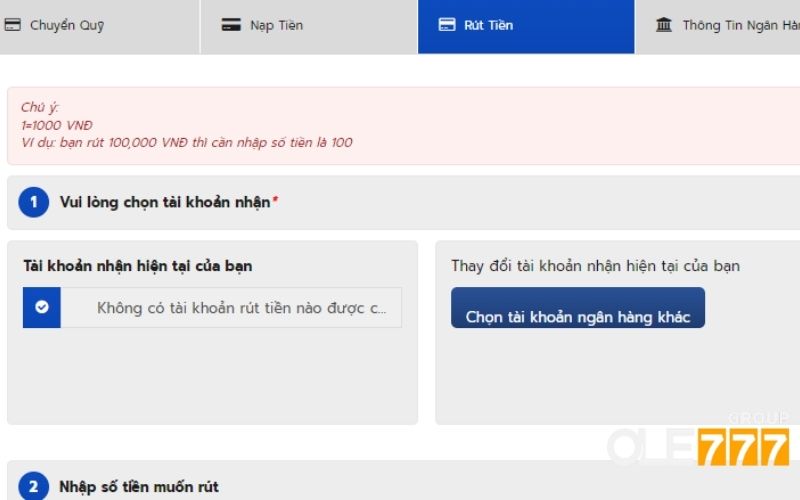 Thao tác rút tiền tại OLE777 nhanh chóng
