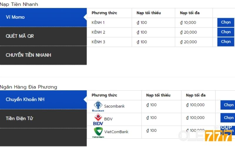 Chọn phương thức nạp tiền vào ví cược OLE777